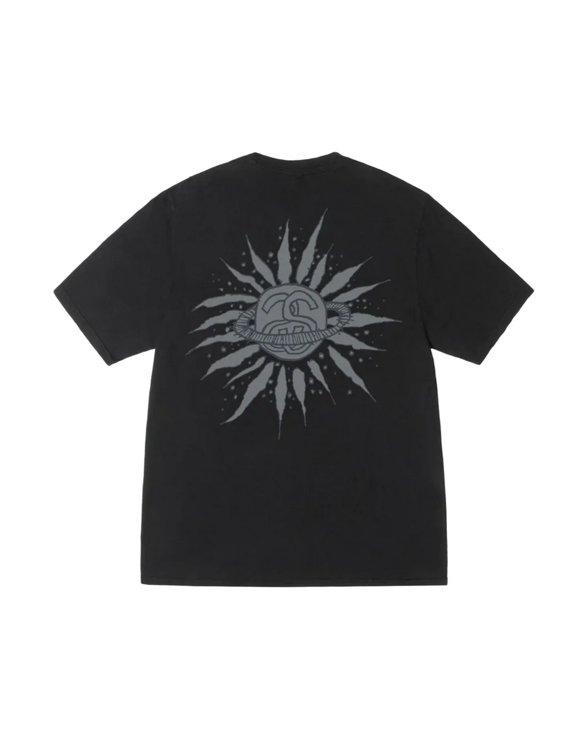 Stussy Look Beyond Pigment Dyed Tee mustana, takakuva harmaalla aurinko- ja planeettapainatuksella