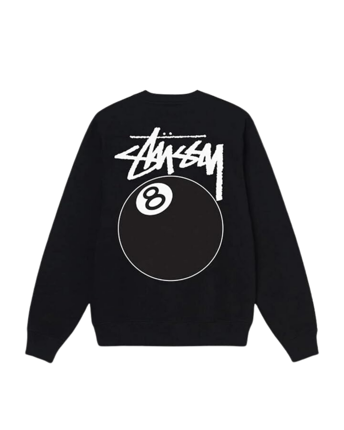 Musta Stussy 8 Ball Crewneck takaa, suuri valkoinen Stussy-logo ja 8-pallon printti selässä