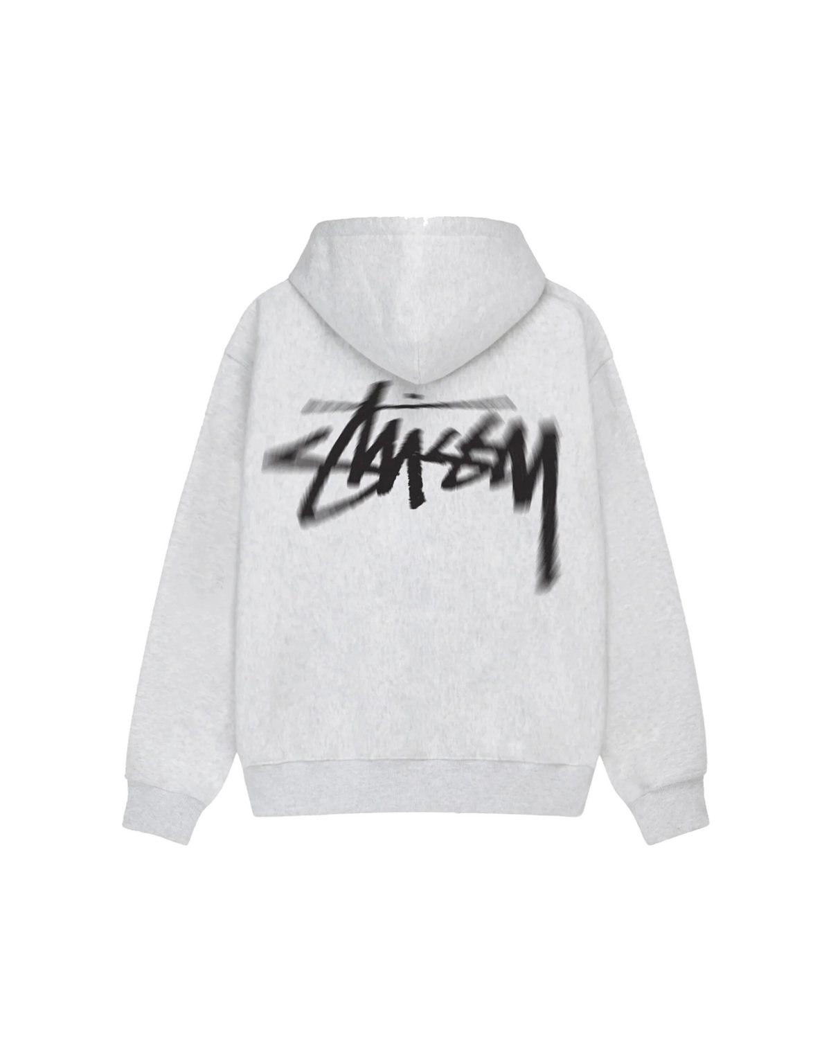 Stussy Dizzy Stock Hoodie harmaana, takakuva sumennetulla mustalla Stussy-logolla selässä