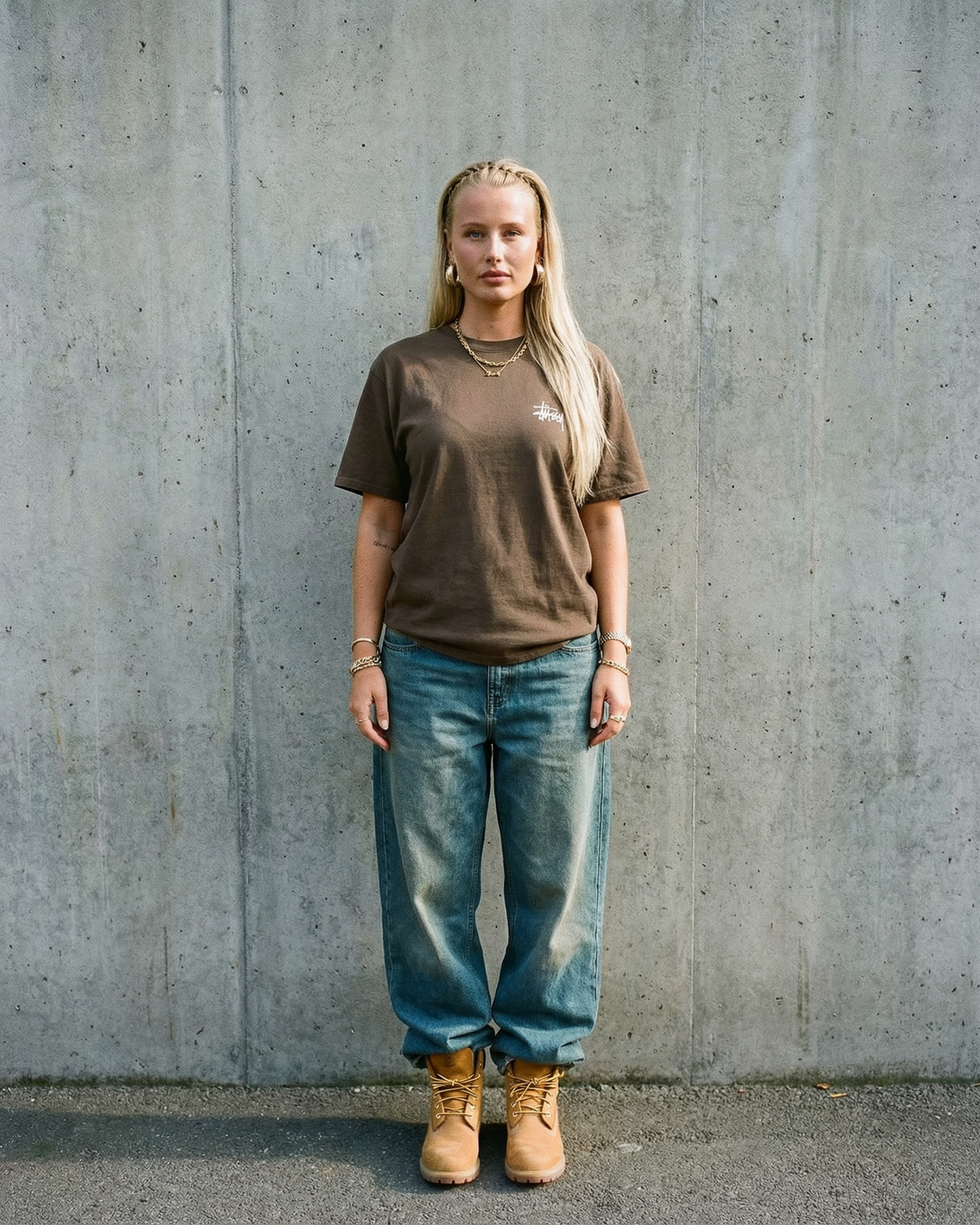 Malli yllään ruskea Stussy Basic Tee Coffee, farkut ja saappaat, edestä betoniseinän edessä
