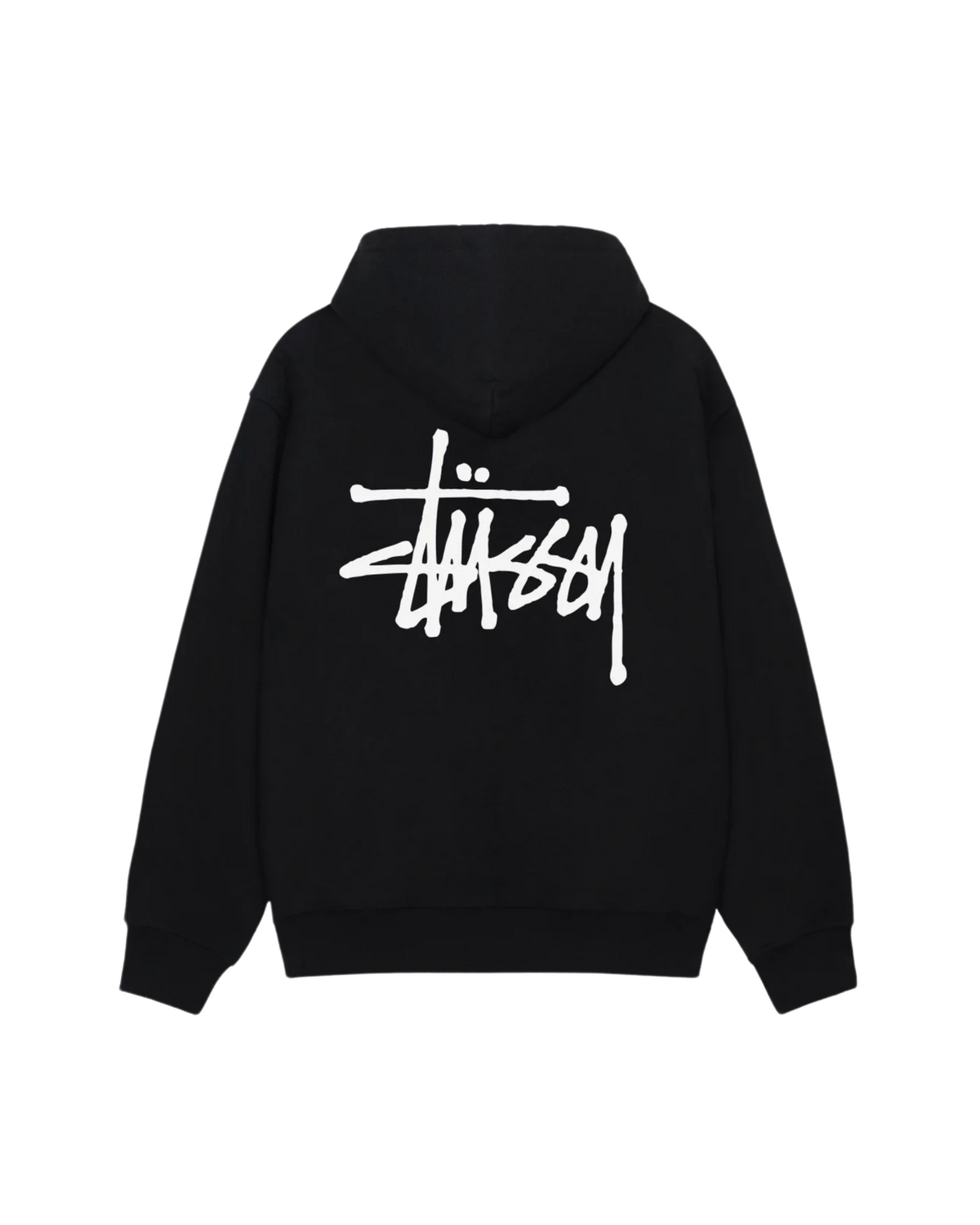Musta Stussy Basic Hoodie takaa, iso valkoinen Stussy-graffitilogo selässä.