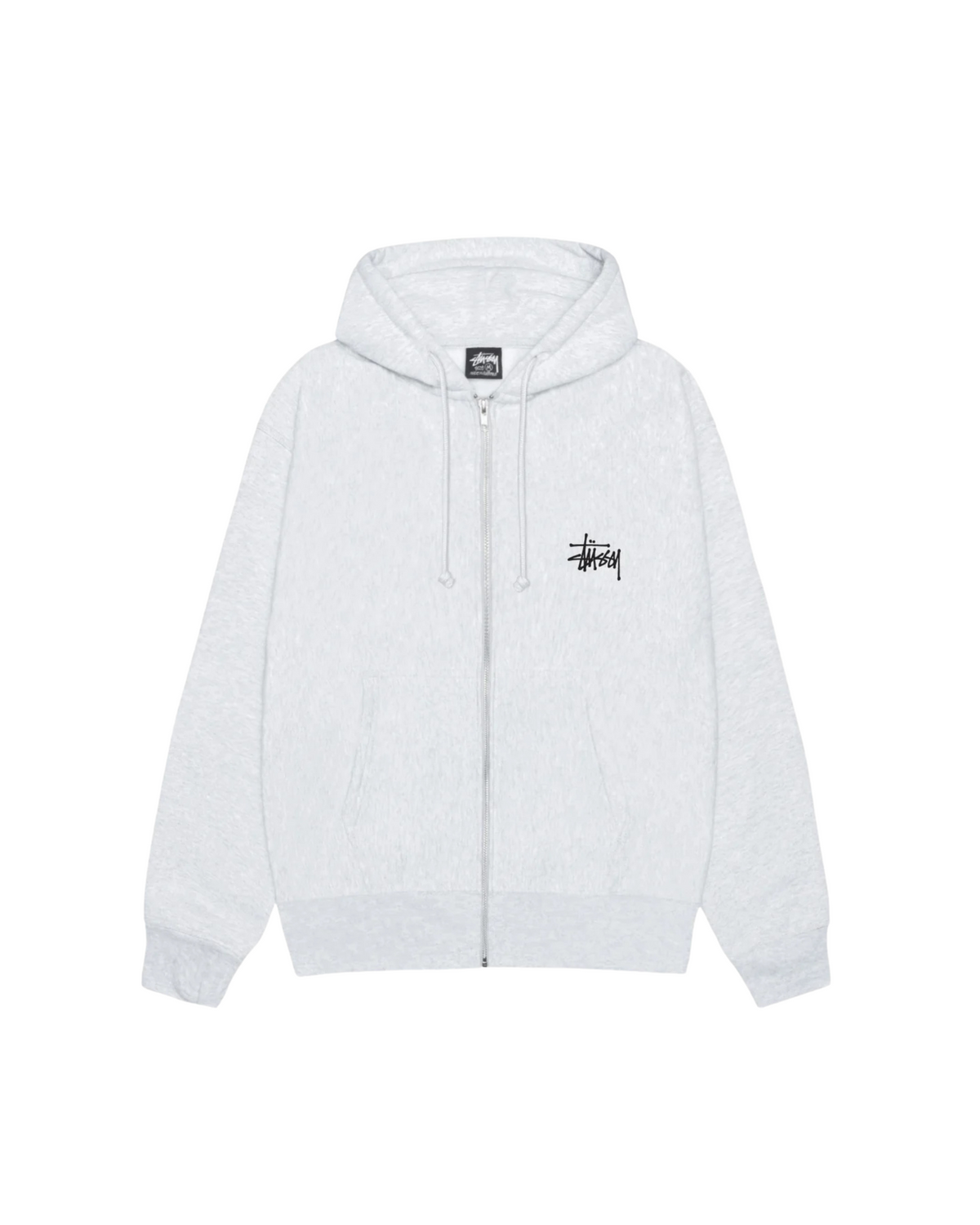 Stussy Basic Zip Hoodie Ash Heather edestä, vetoketju kiinni, pieni musta Stussy-logo rinnassa