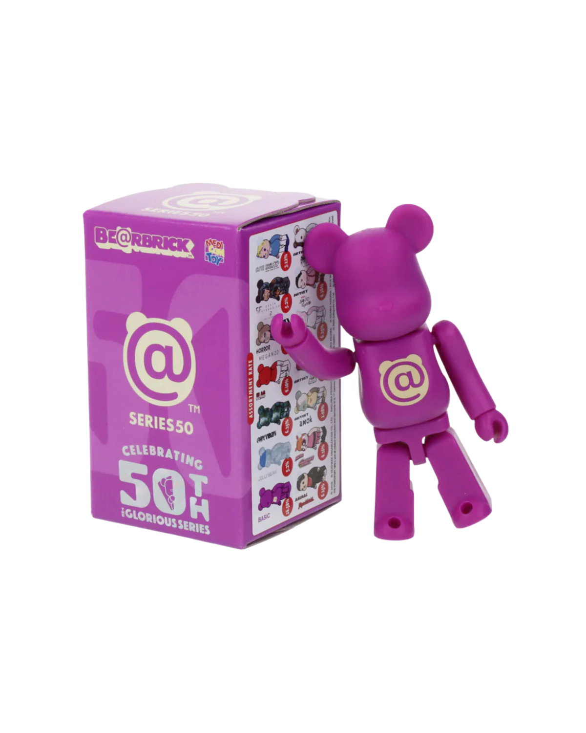 Bearbrick Series 50 violetti @-logo -figuuri 100% ja violetti blind box -pakkaus assortment-listan kanssa