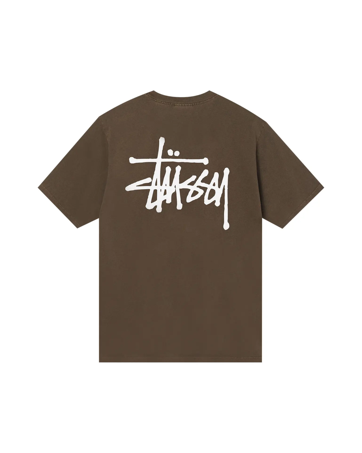 Stussy Basic Tee Coffee takaa, suuri valkoinen Stussy-graffitilogo ruskealla t-paidalla
