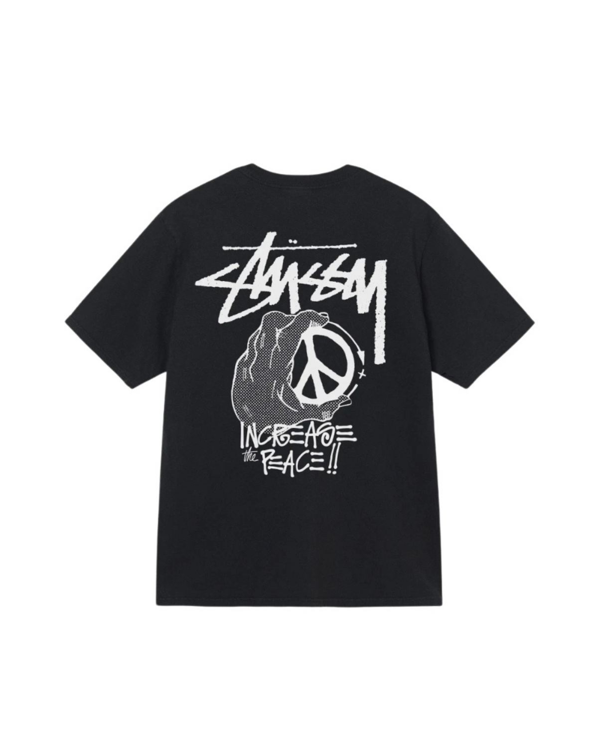 Stussy Peace Hand Pigment Dyed Tee mustana, takakuva suurella valkoisella Stussy-logolla ja peace-käsipainatuksella