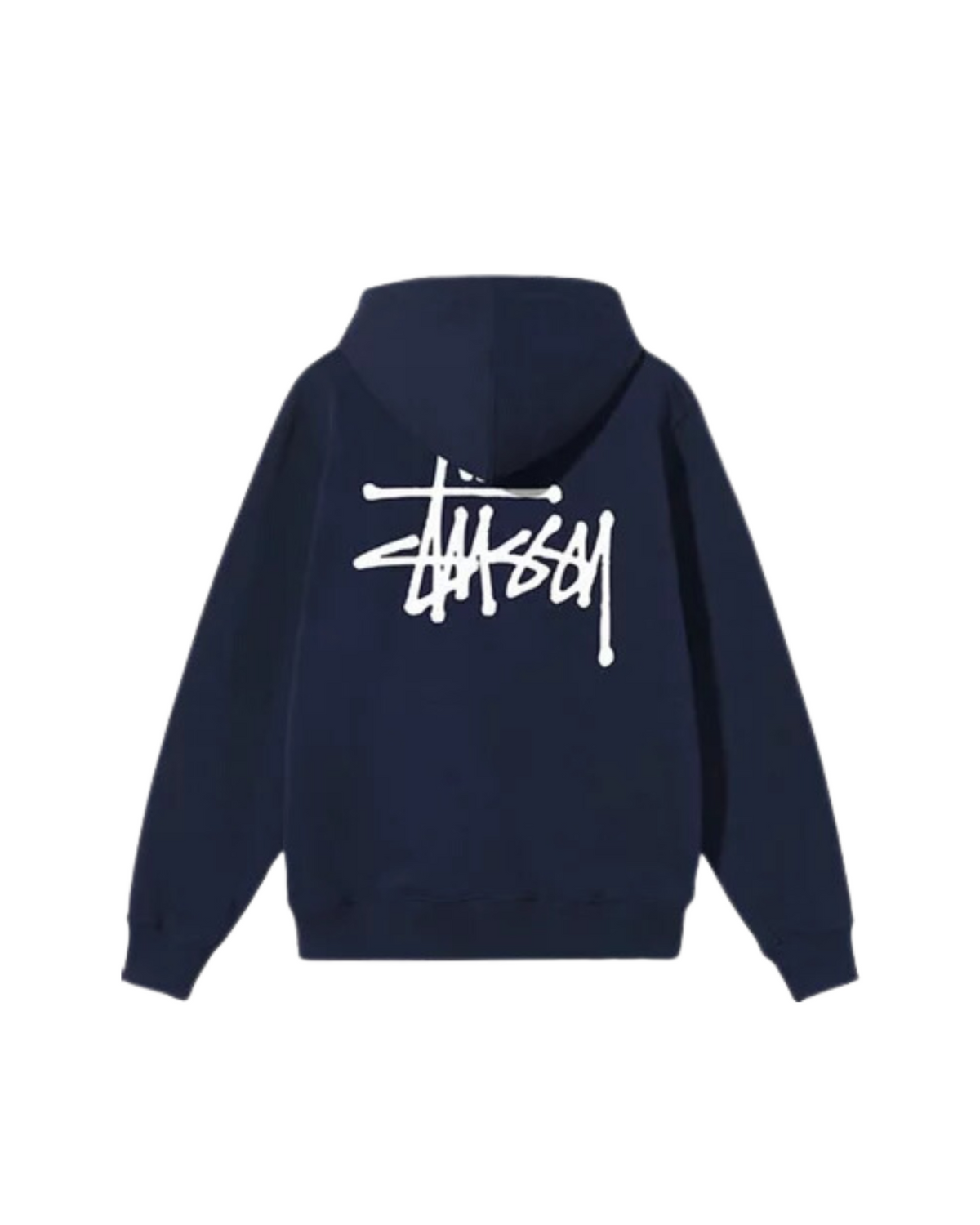 Stussy Basic Zip Hoodie navy takaa, valkoinen Stussy-logo selässä