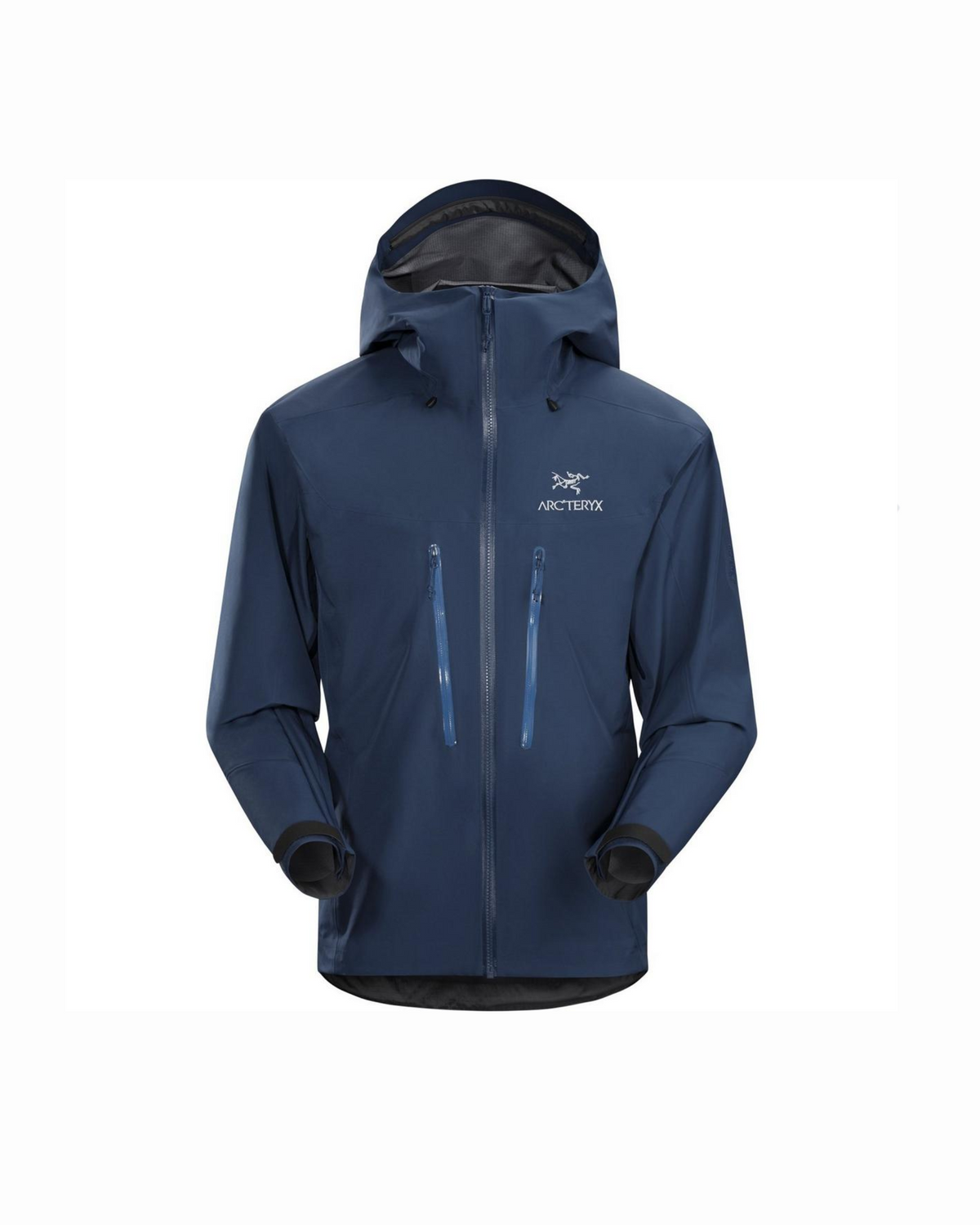 Arc'teryx Alpha AR x GORE-TEX Jacket Triton, laivastonsininen kuorihuppari edestä, huppu ja vetoketjutaskut näkyvissä