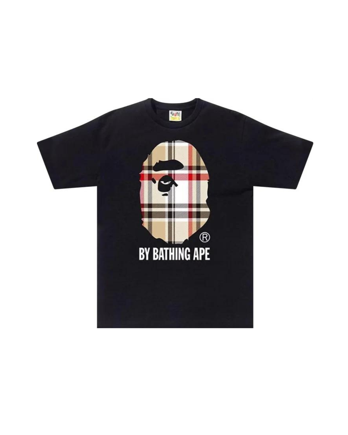 Musta BAPE Big Head Plaid t-paita edestä, ruudullinen apinapää-logo ja By Bathing Ape -teksti.