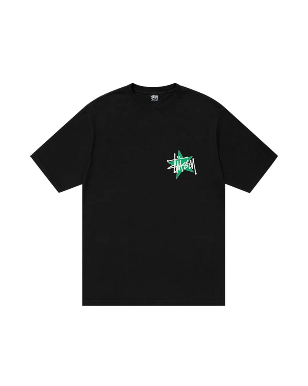 Musta Stussy Star Pigment Dyed t-paita edestä, rinnassa vihreä tähti ja valkoinen Stussy-logo