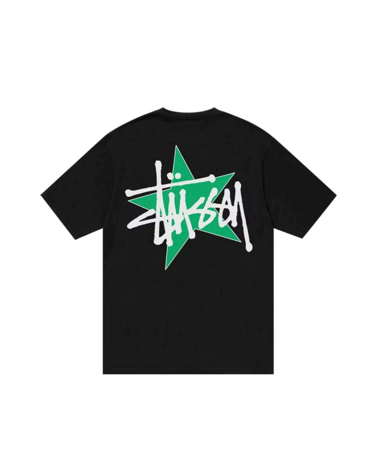 Musta Stussy Star Pigment Dyed t-paita takaa, selässä suuri vihreä tähti ja valkoinen Stussy-logo