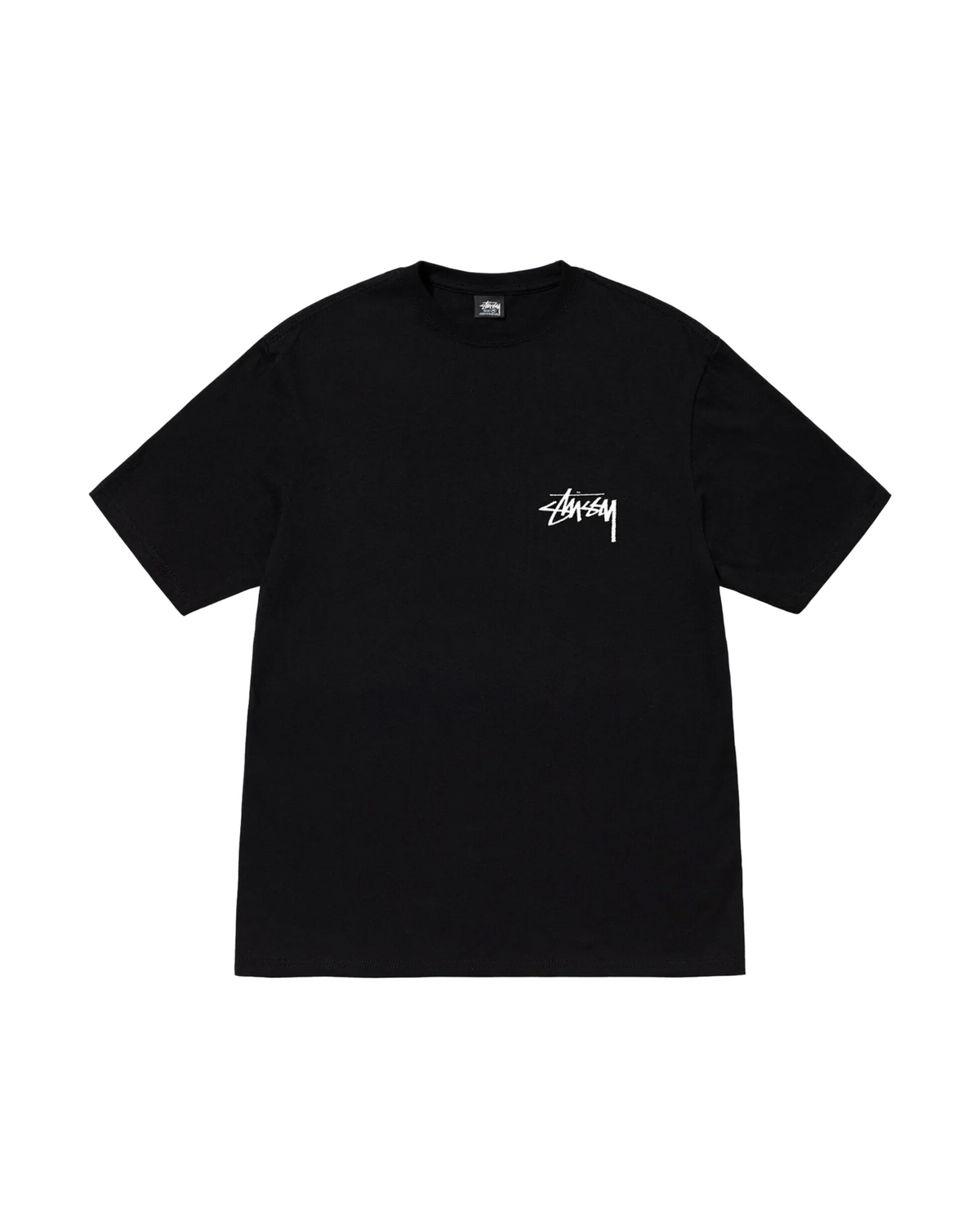 Musta Stussy Fuzzy Dice Tee edestä, pieni valkoinen Stussy-logo rinnassa