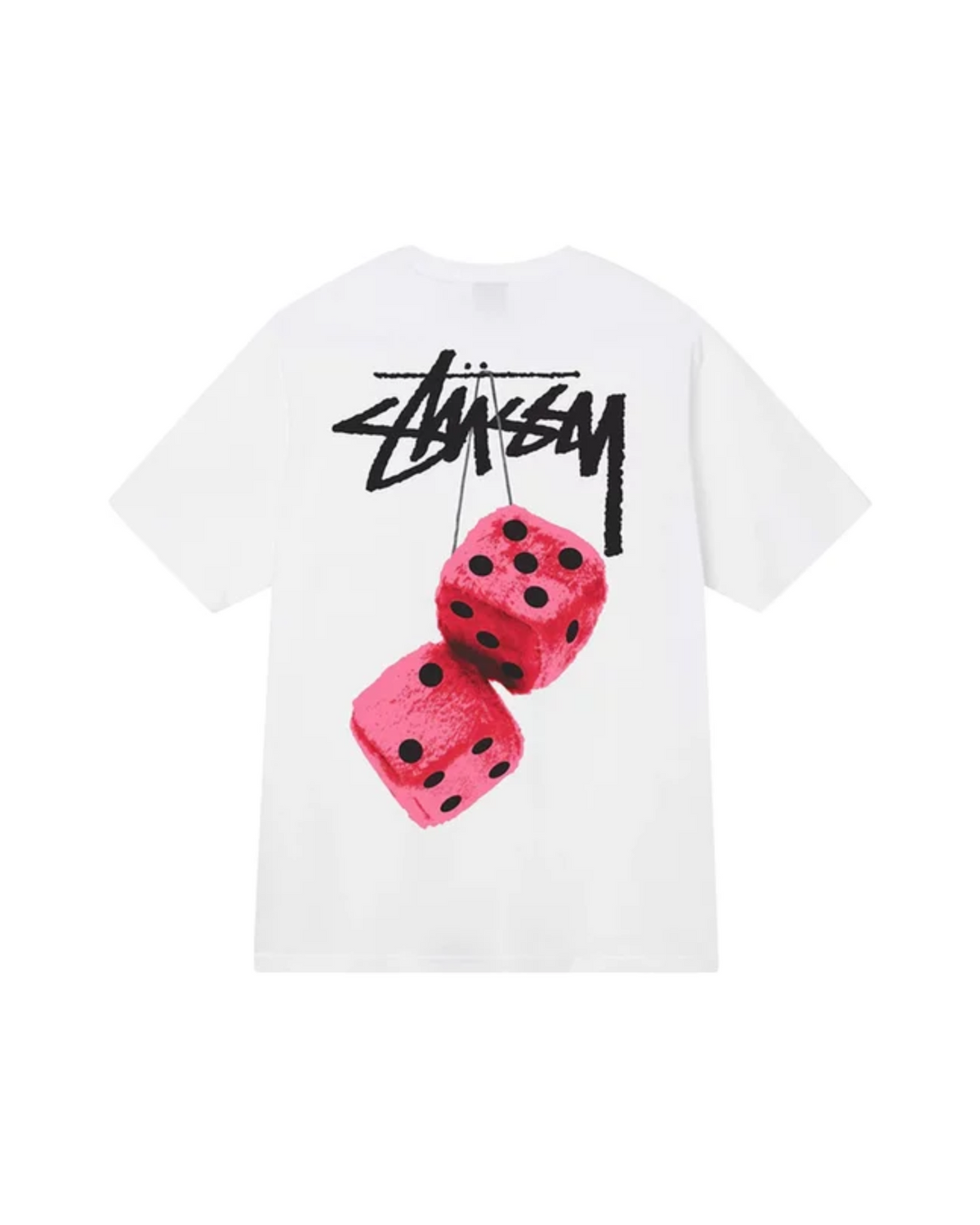 Stussy Fuzzy Dice Tee takaa, isolla printillä mustan logon alla roikkuvat pinkit noppa-tupsut