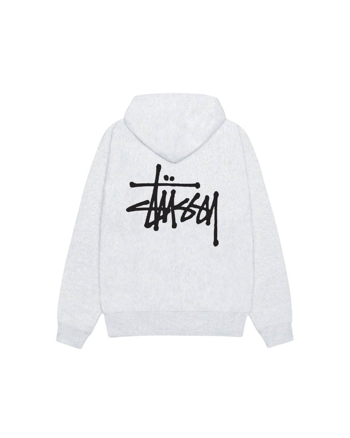 Stussy Basic Zip Hoodie Ash Heather takaa, iso musta Stussy-graffitilogo selässä, huppu