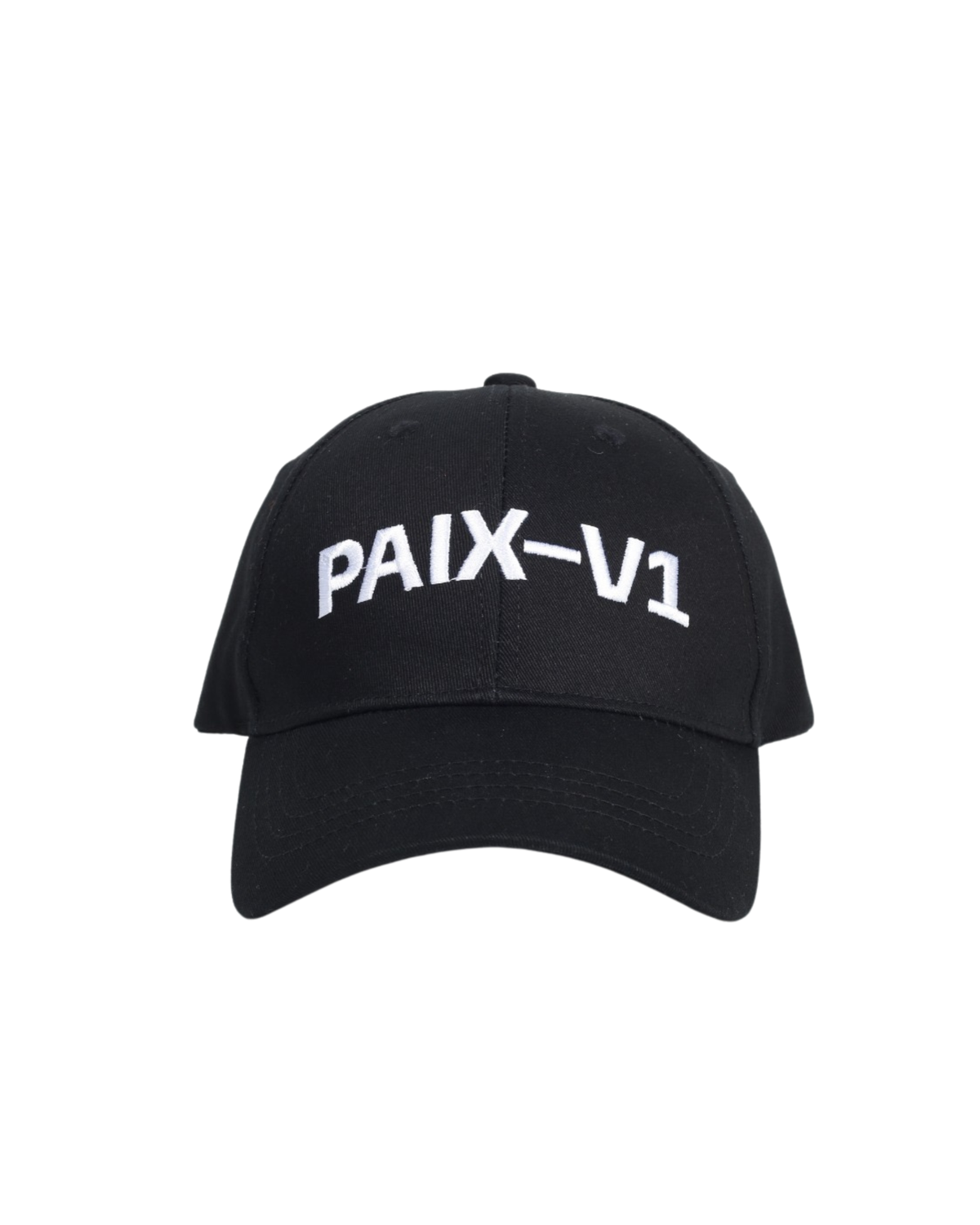 Musta PX1™ The Message -lippalakki edestä, valkoinen PAIX-V1-brodeeraus etuosassa