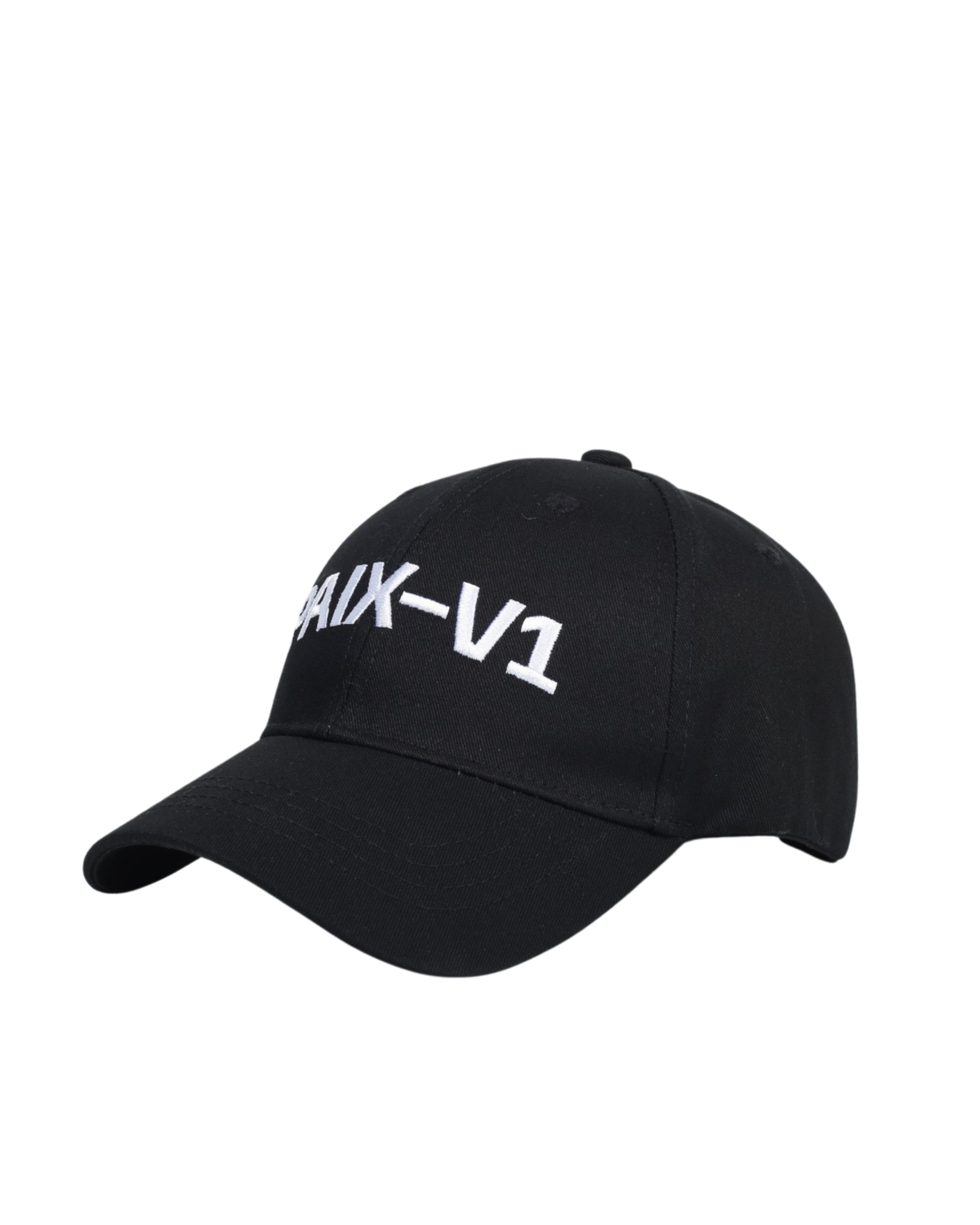 Musta PX1™ The Message -lippalakki vinosti sivulta, valkoinen PAIX-V1-brodeeraus ja kaareva lippa