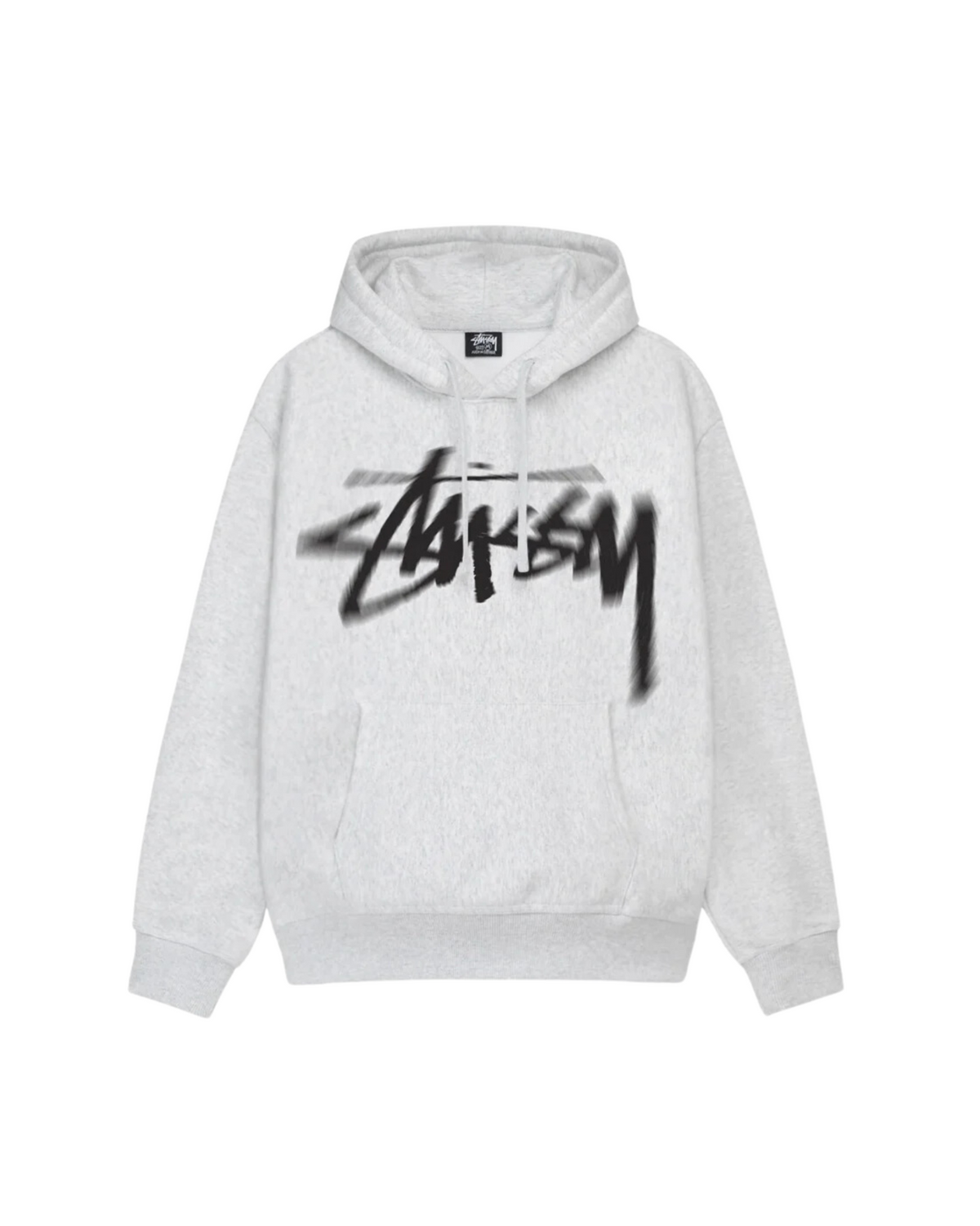 Stussy Dizzy Stock Hoodie harmaana, etukuva sumennetulla mustalla Stussy-logolla ja huppunauhoilla