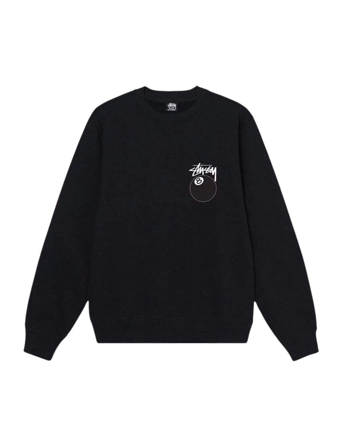 Musta Stussy 8 Ball Crewneck edestä, pieni Stussy-logo ja 8-pallo rinnassa