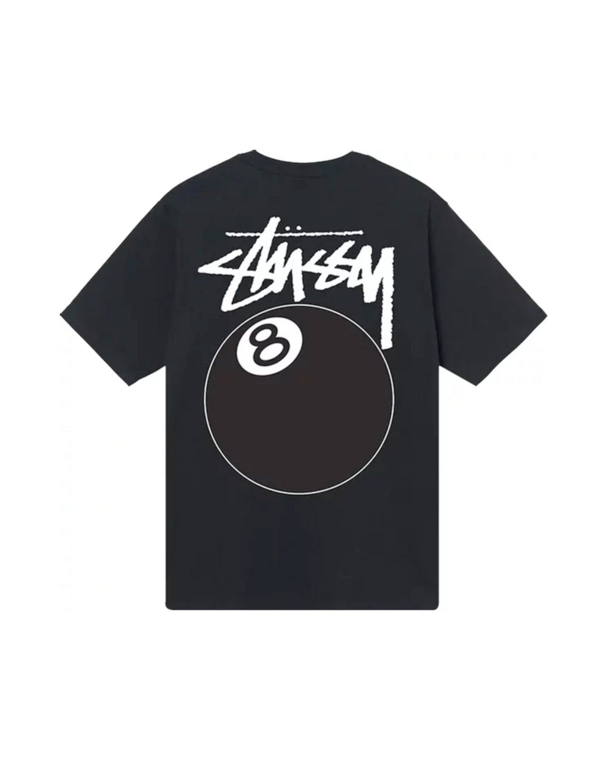 Stussy 8 Ball Tee SS22 mustana takaa, valkoinen Stussy-logo ja iso 8-ball-printti selässä