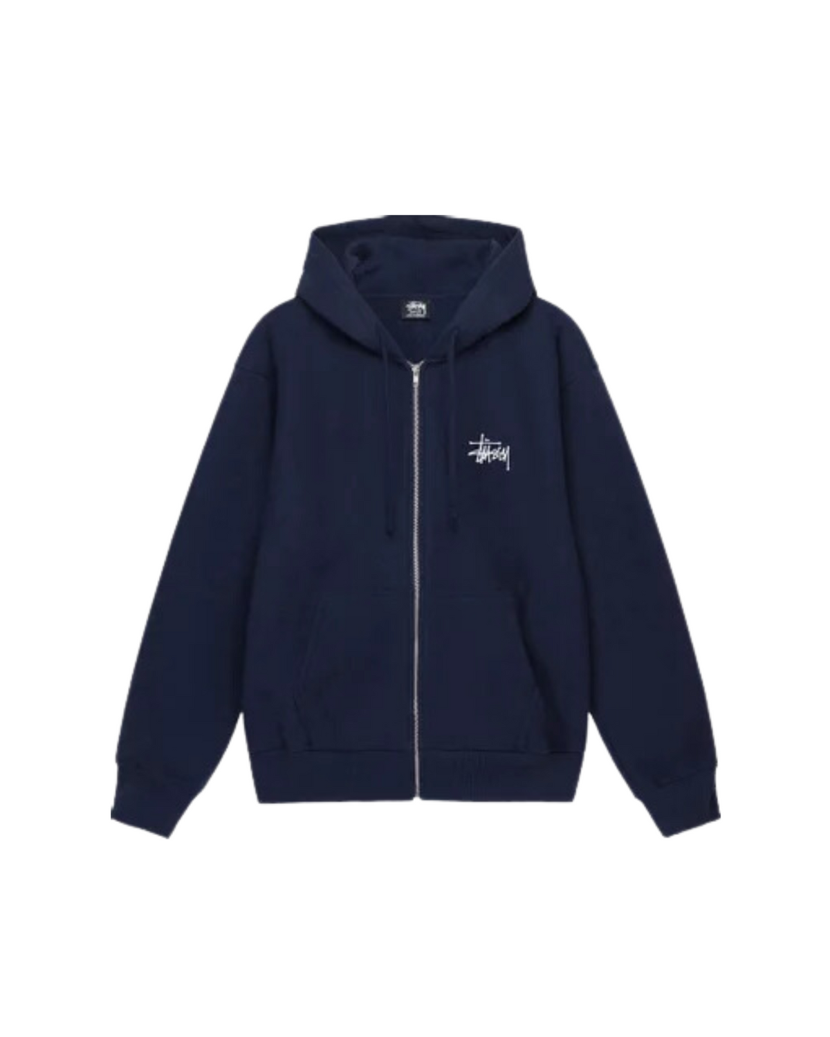 Stussy Basic Zip Hoodie navy edestä, vetoketju ja pieni valkoinen logo rinnassa