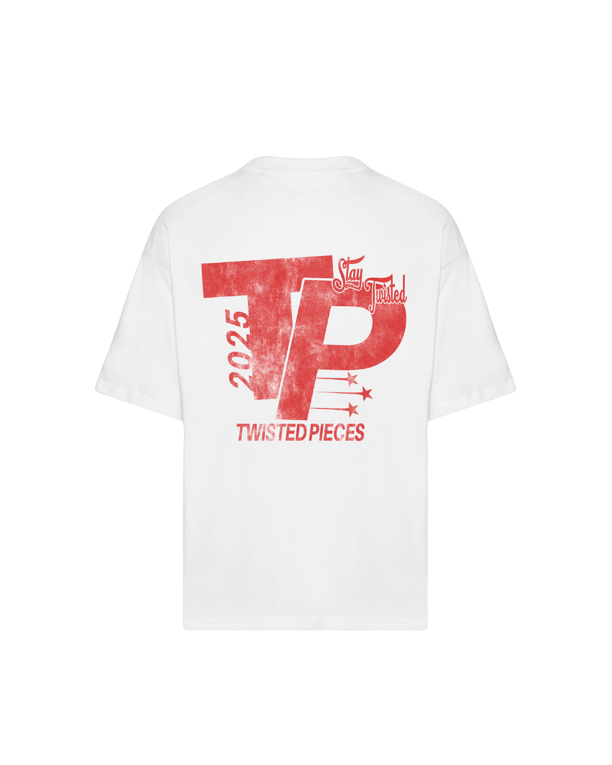 Twisted Pieces Pace Tee valkoinen, takaa, iso punainen TP-printti ja Stay Twisted -teksti
