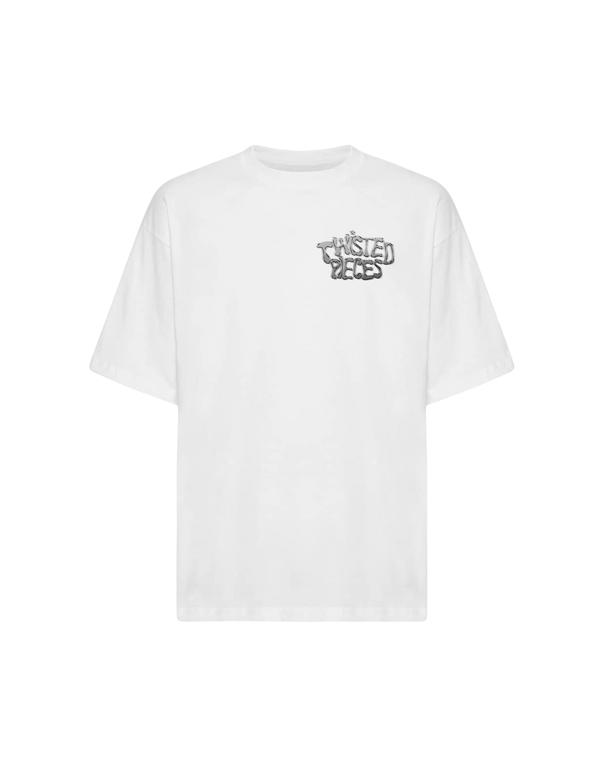 Valkoinen Twisted Pieces Pixel Tee edestä, harmaa graffiti-logo rinnassa