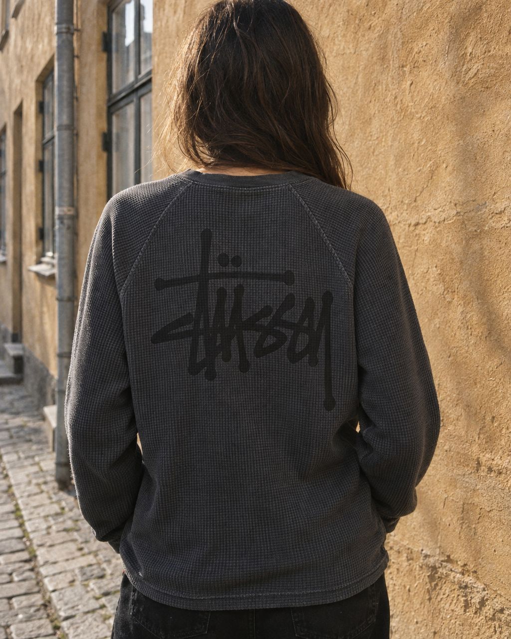 Stussy Raglan Thermal L/S Crew Washed Black - detalje
