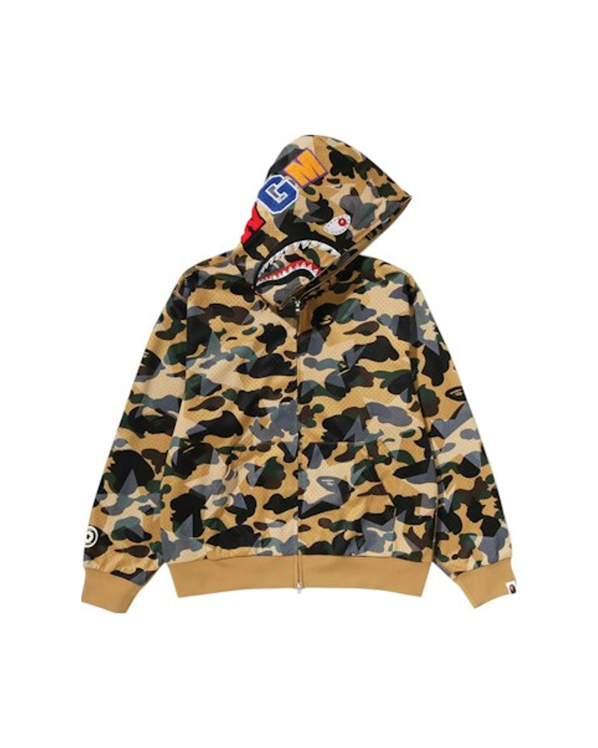 BAPE Sta Over Print 1st Camo Mesh Shark Cropped Fit Full Zip Hoodie Yellow