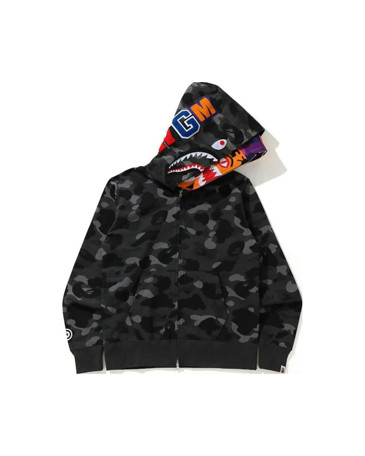 BAPE Color Camo Tiger Shark Wide Full Zip Double Hoodie Black